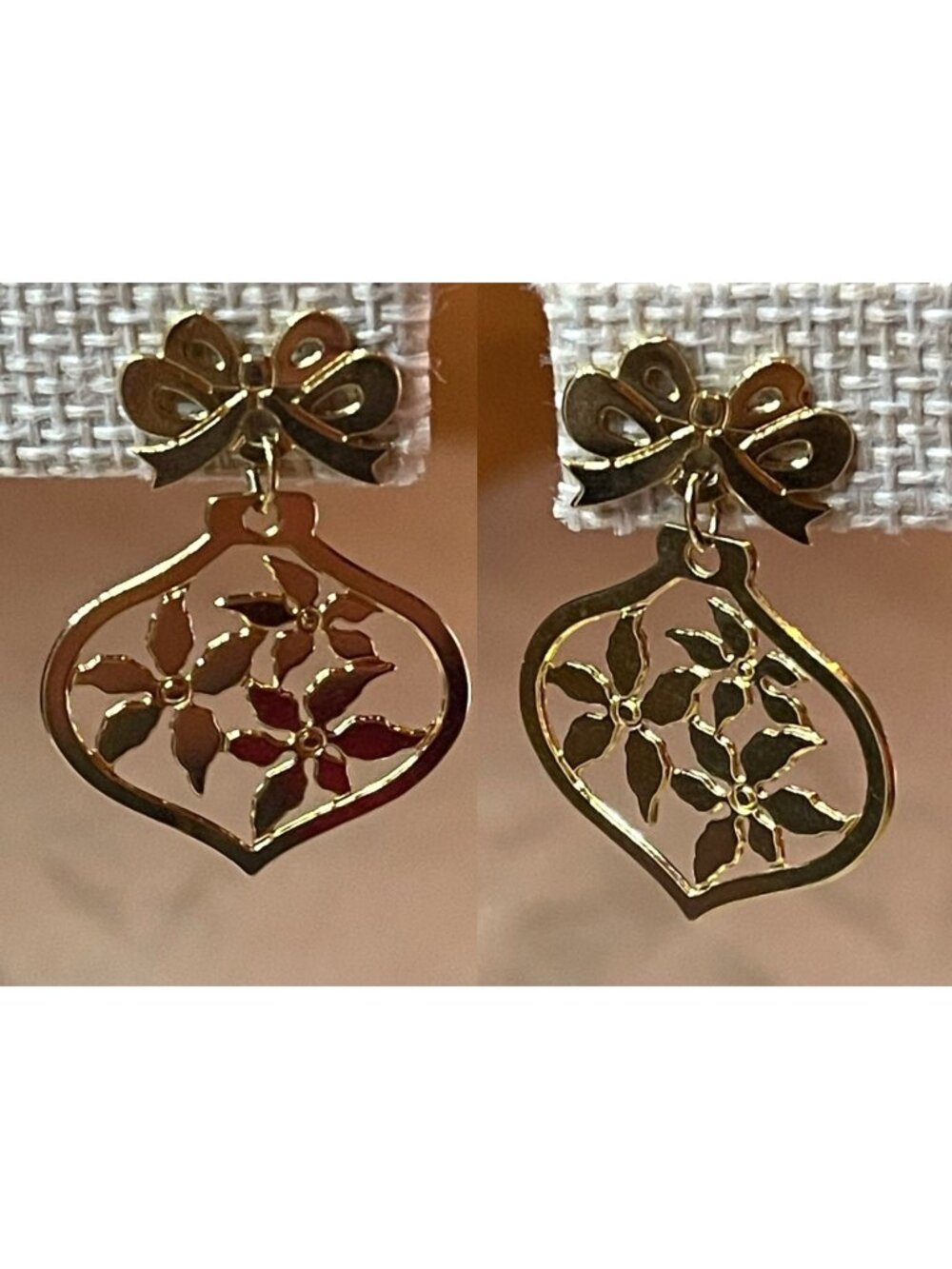 Vintage 90s Signed Avon Poinsettia Bow Holiday Gold Tone Dangle Earrings